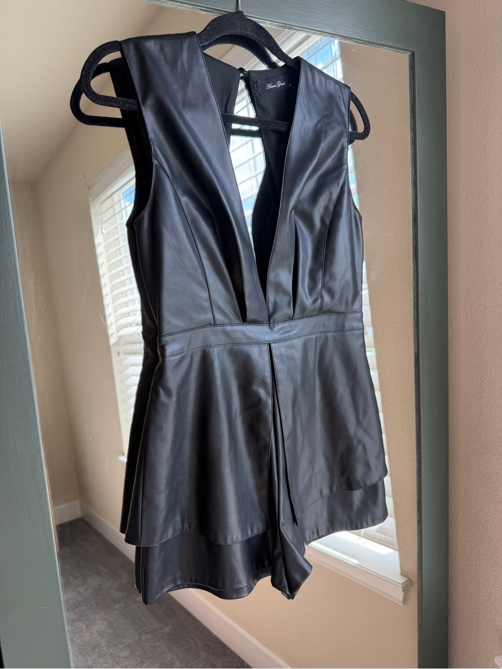 Anna Grace Black Faux Leather Deep V-Neck Tiered Romper - Picture 2 of 4